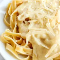 zoomed in image of fettuccine alfredo on a plate.