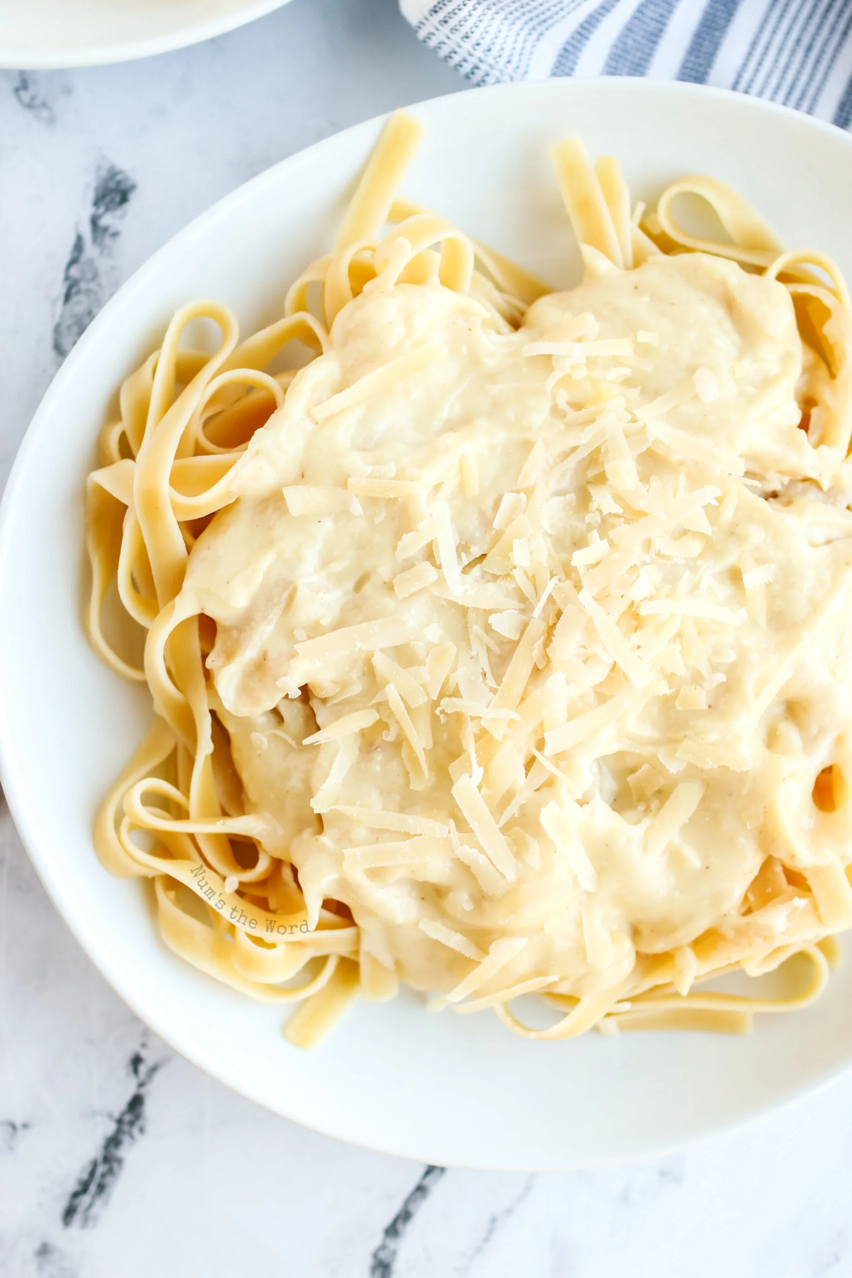 top view of fettuccine alfredo on a plate