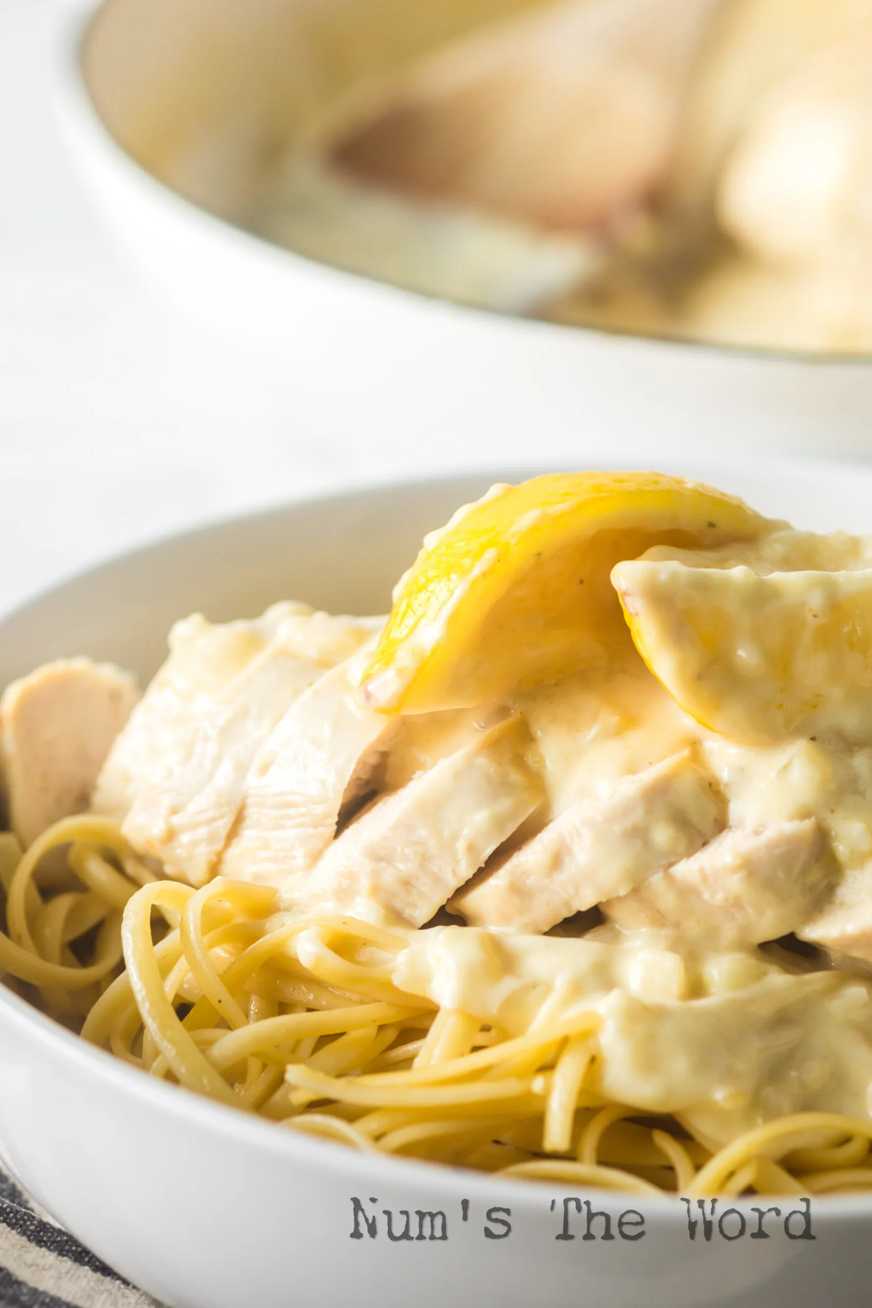 side view of chicken slices on top of pasta with cream sauce poured over the top.