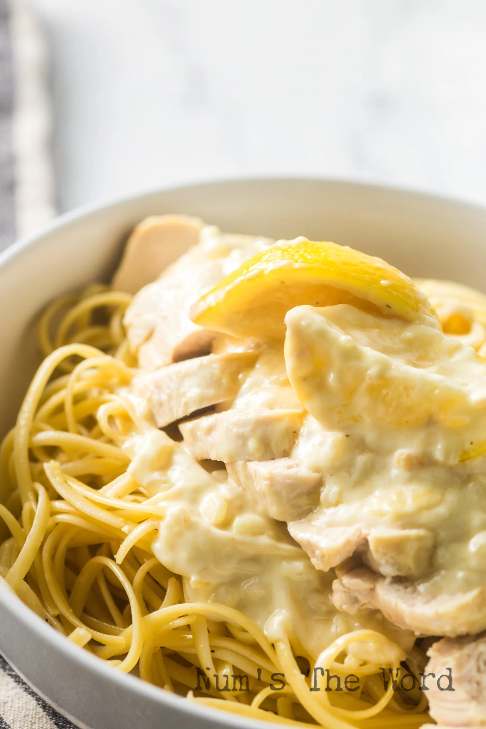 zoomed in image of pasta in bowl with sliced chicken and sauce.