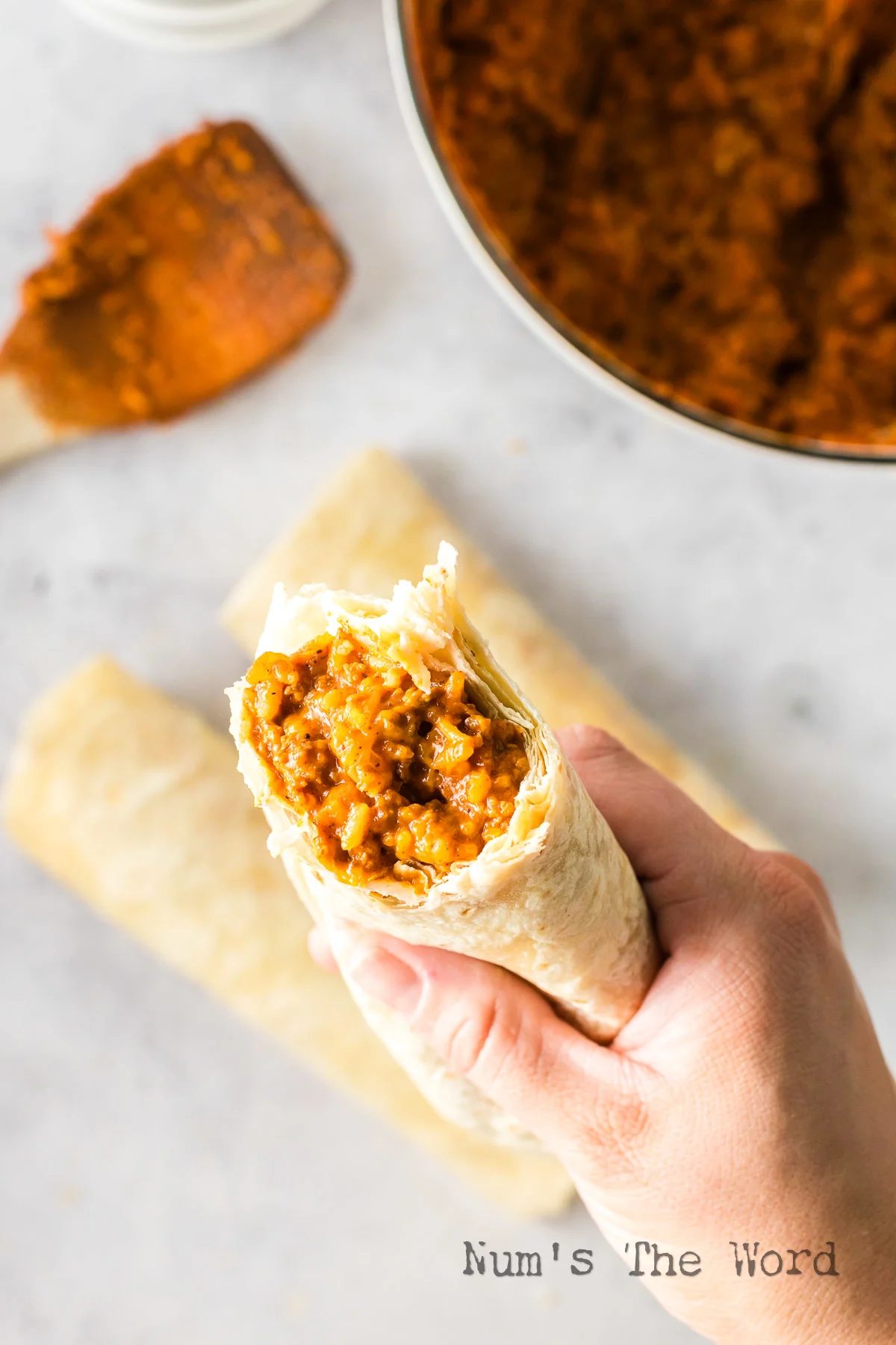 hand holding burrito, ready to eat.