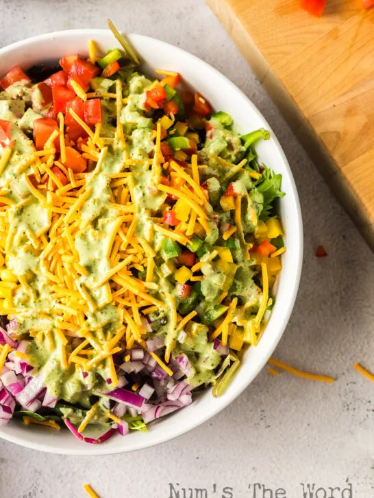 zoomed in image of prepared salad in bowl.