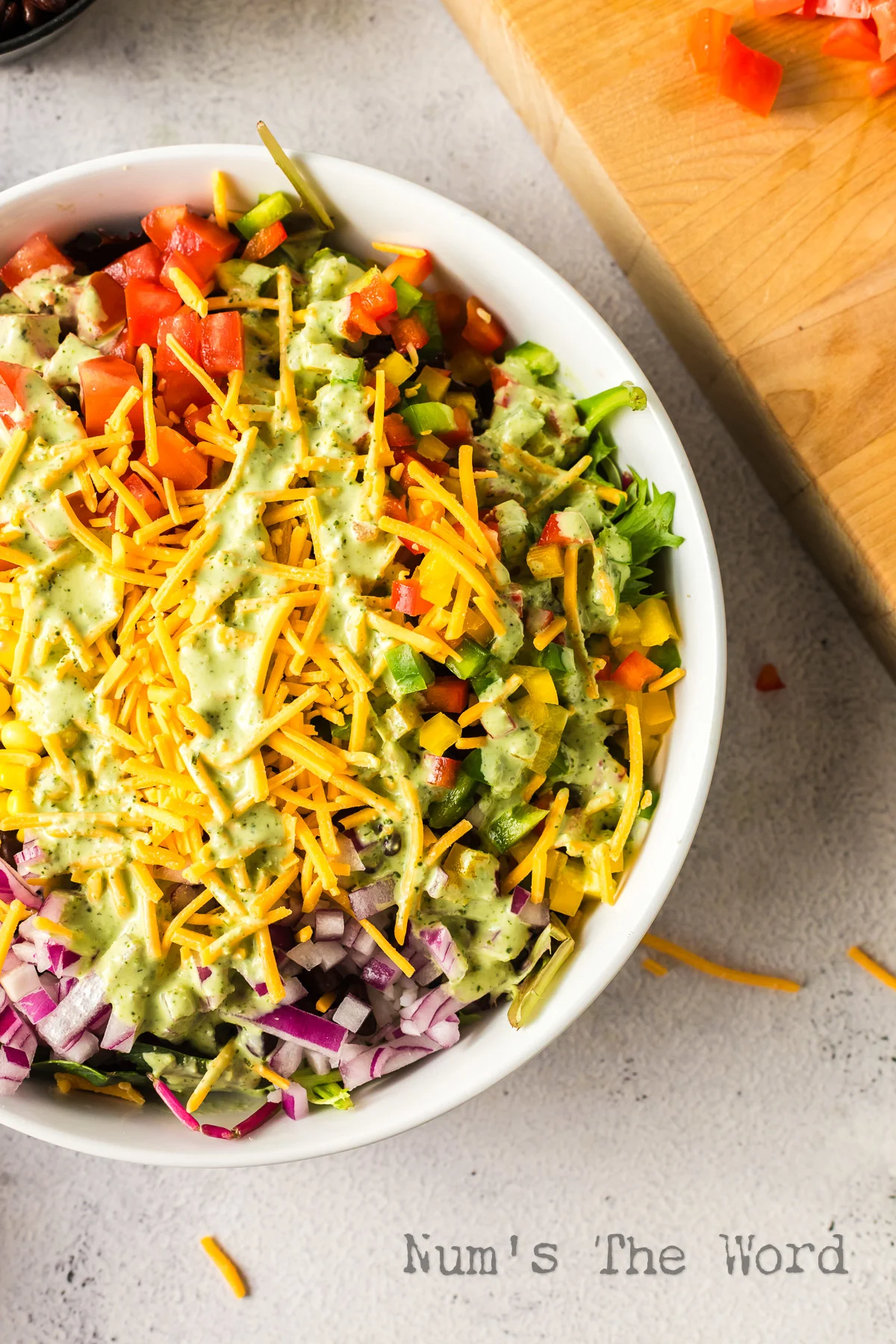 zoomed in image of prepared salad in bowl.