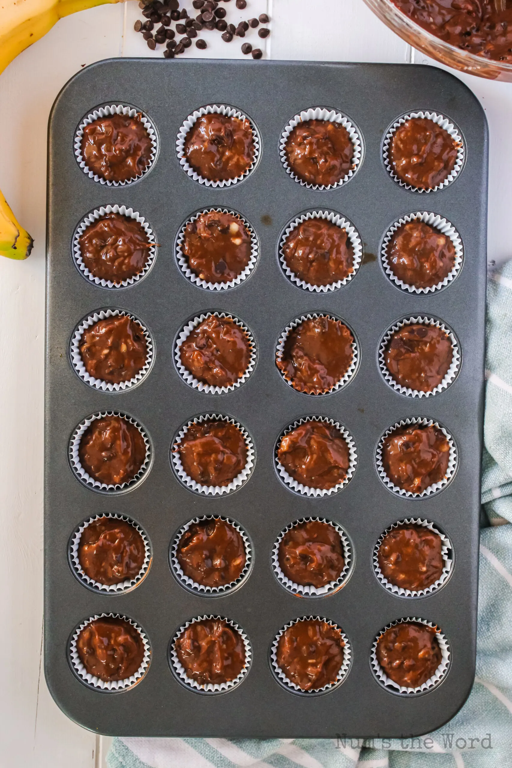 chocolate muffin mix in mini muffin pan, unbaked