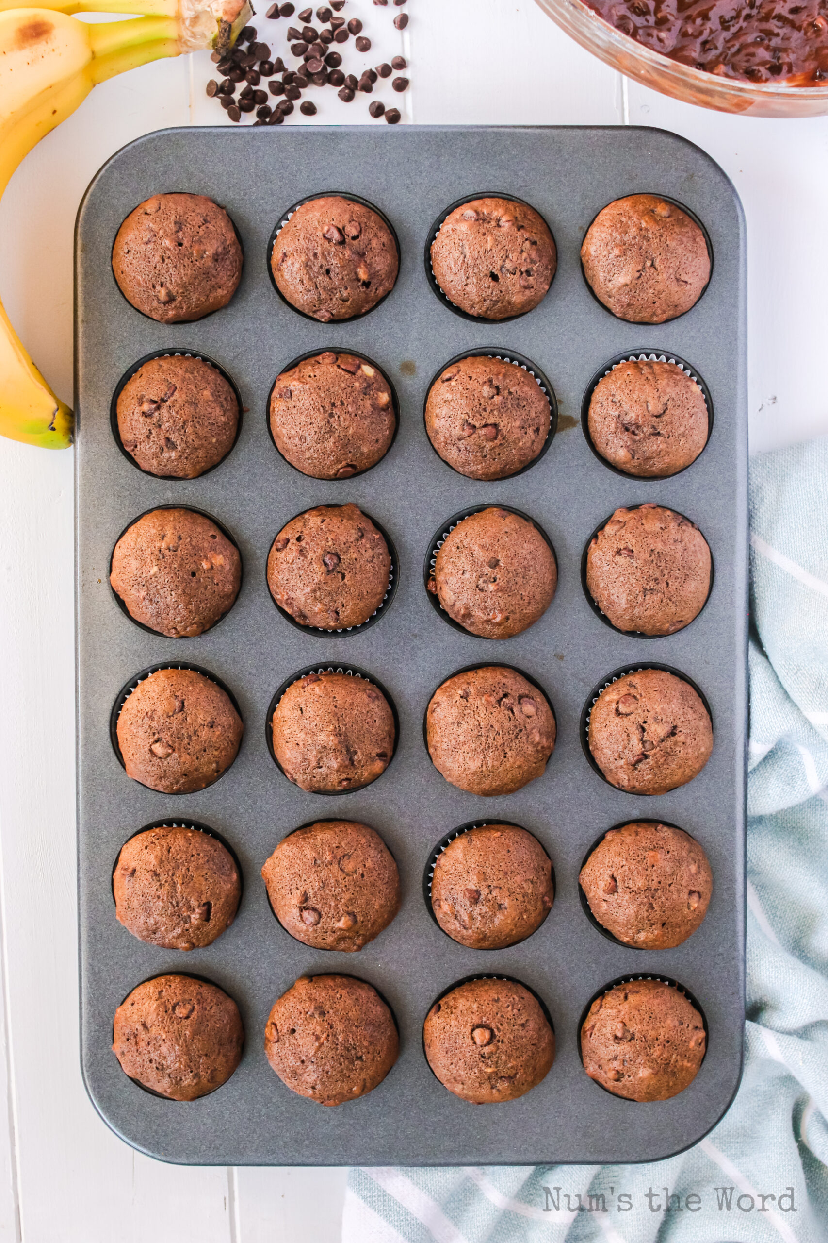 24 mini muffins in a pan, baked