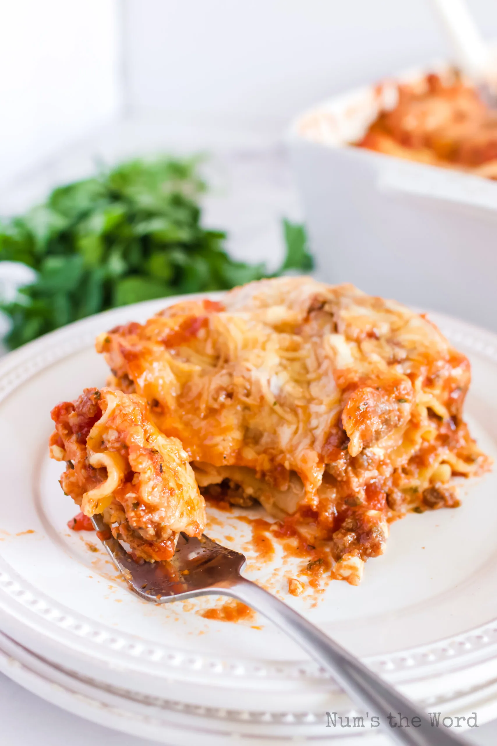 close up of side view of lasagna on plate with a fork full on plate