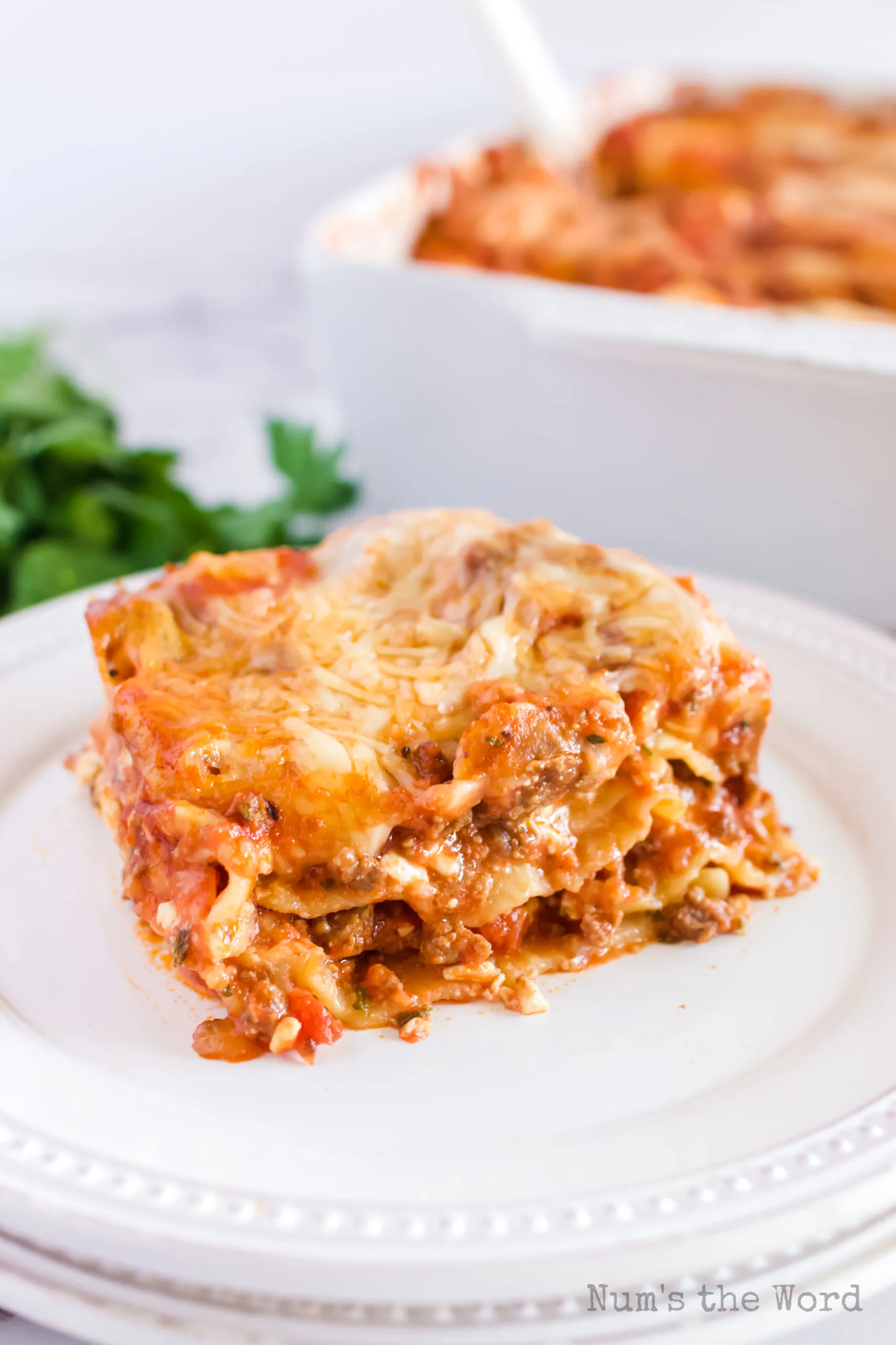 top side angle photo of a portion of lasagna on plate