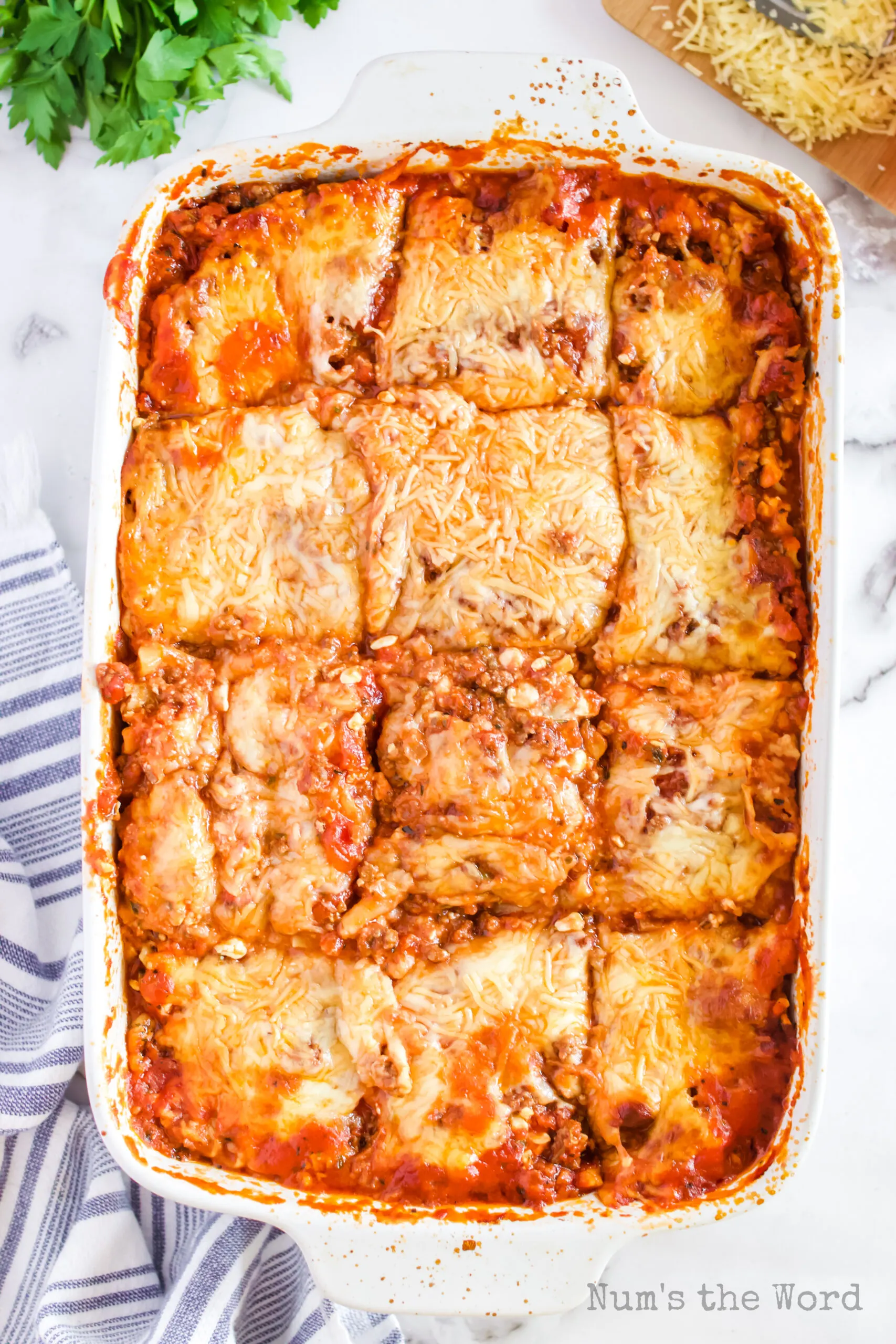 baked lasagna cut into 12 slices