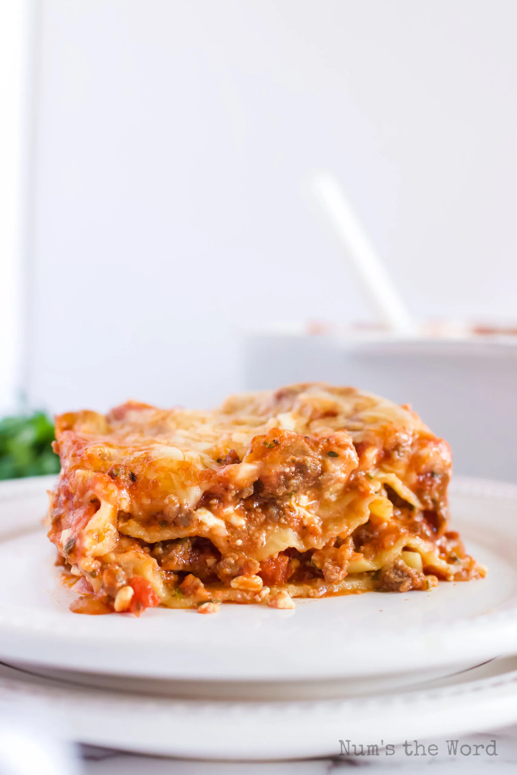 side view lasagna on plate with pan in background