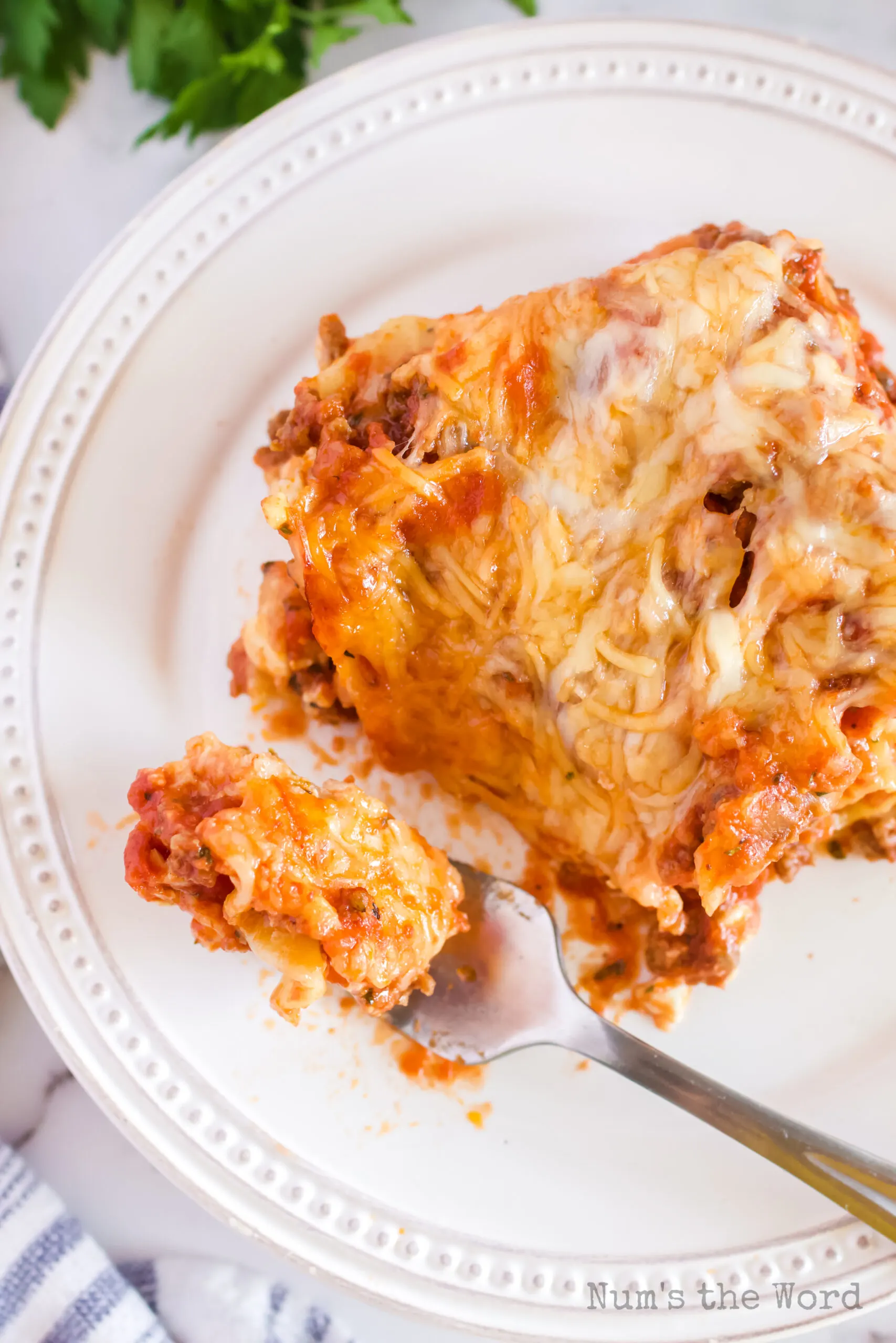 top view looking down of lasagna on plate with a forkful.