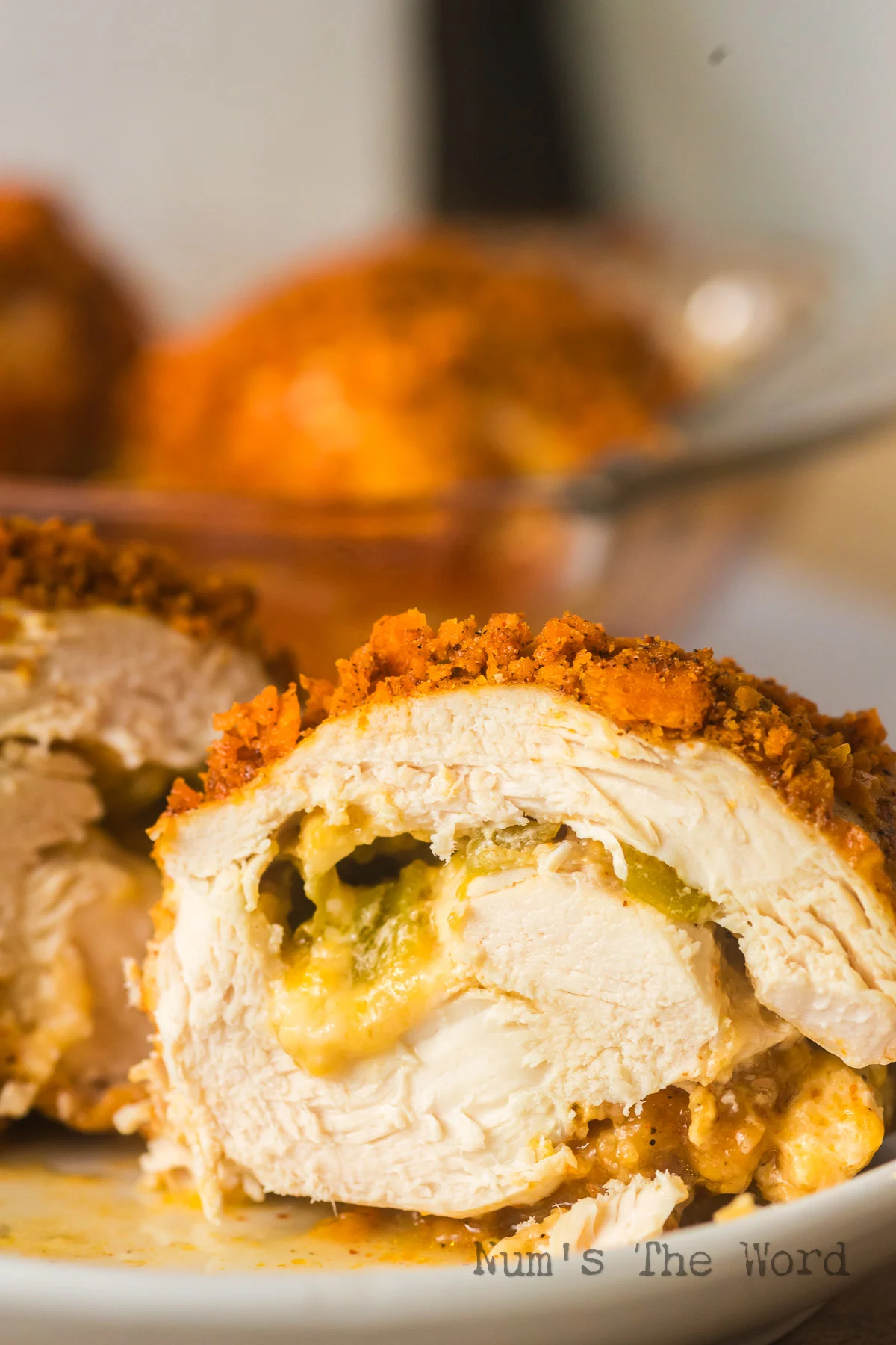 zoomed in image of sliced chicken breast showing filling