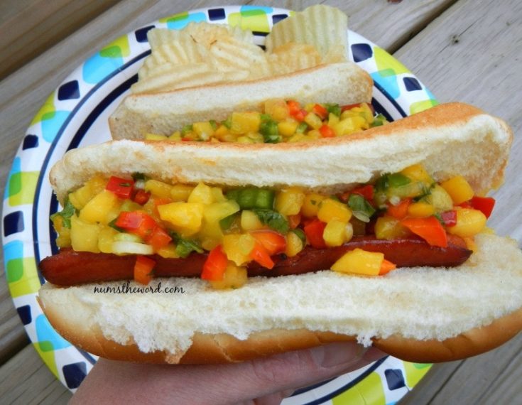 Mango Salsa Dogs - One hot dog on plate with chips. Another hot dog in hand up close to camera.