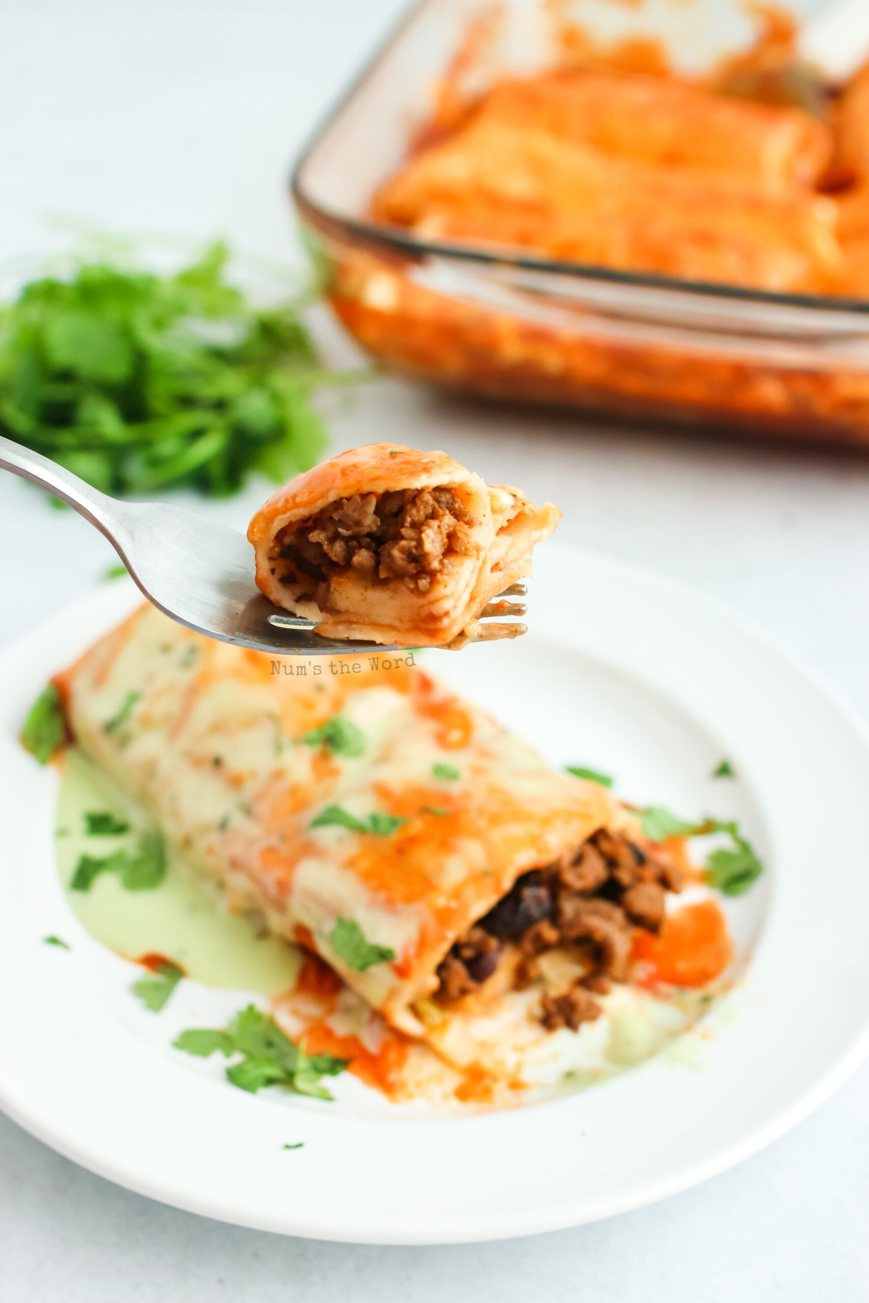 fork cut off a piece of burrito and lifting it up to show camera.