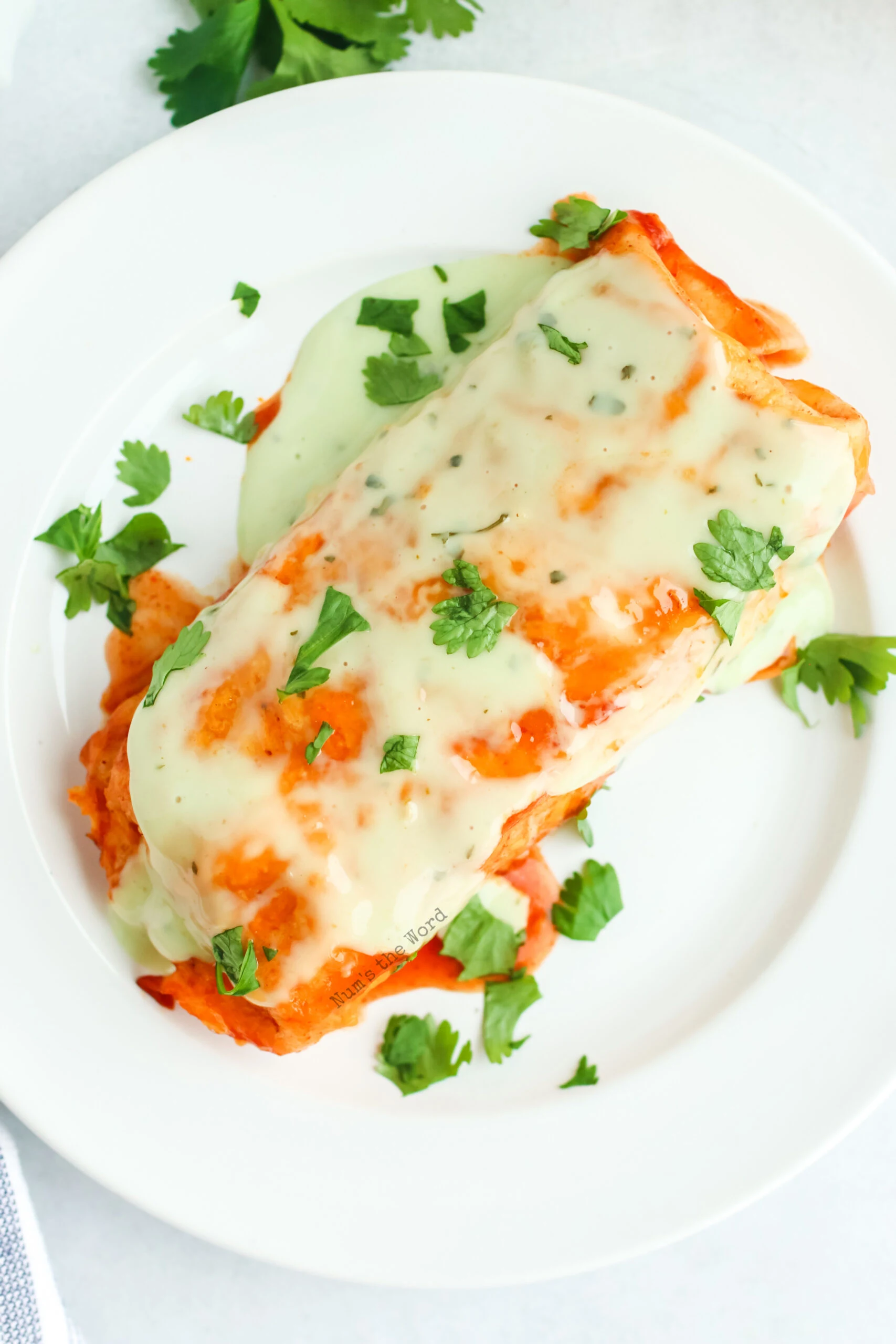 single wet burrito on a plate with cilantro lime dressing on top.