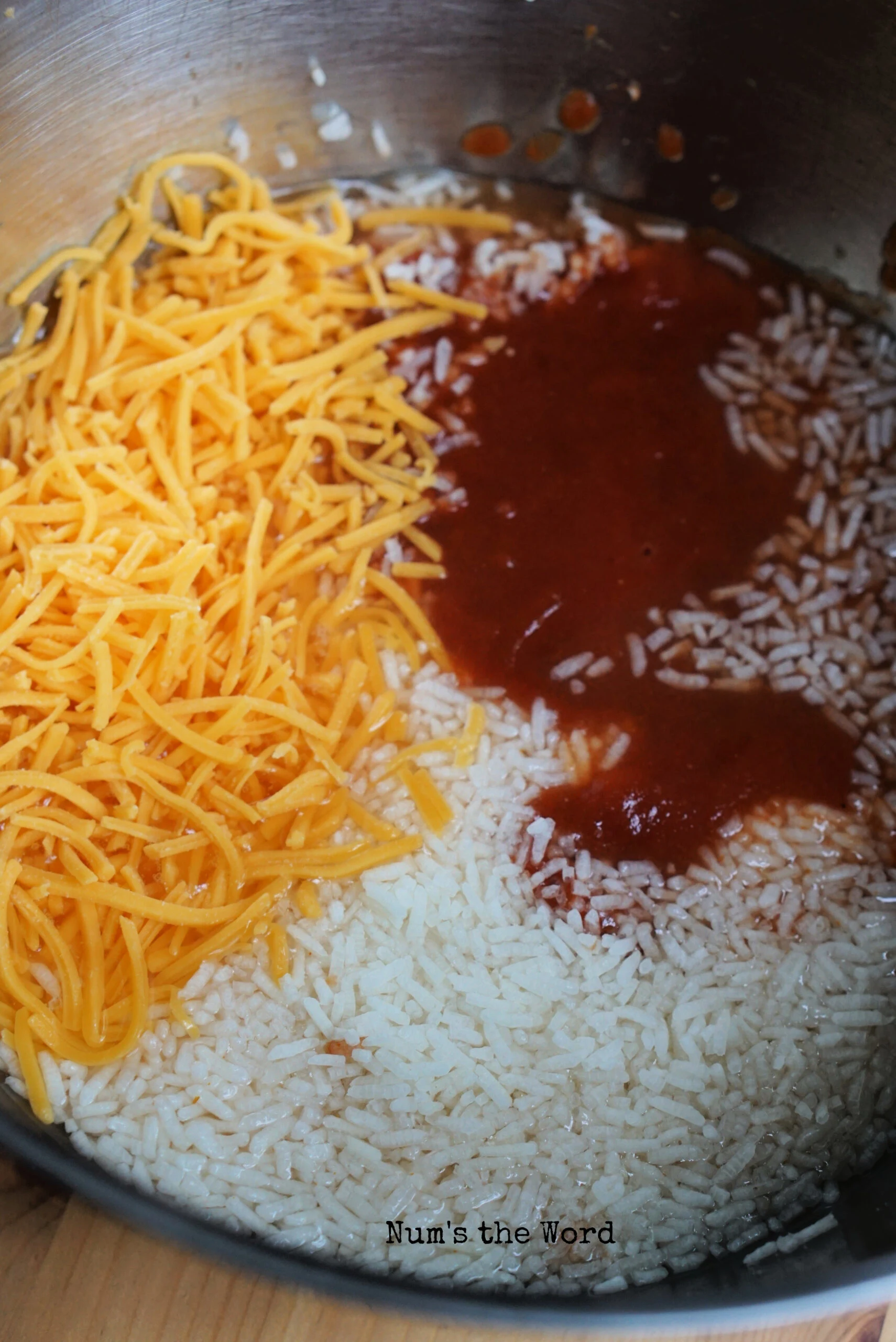 Rice mixture in a bowl, unmixed.