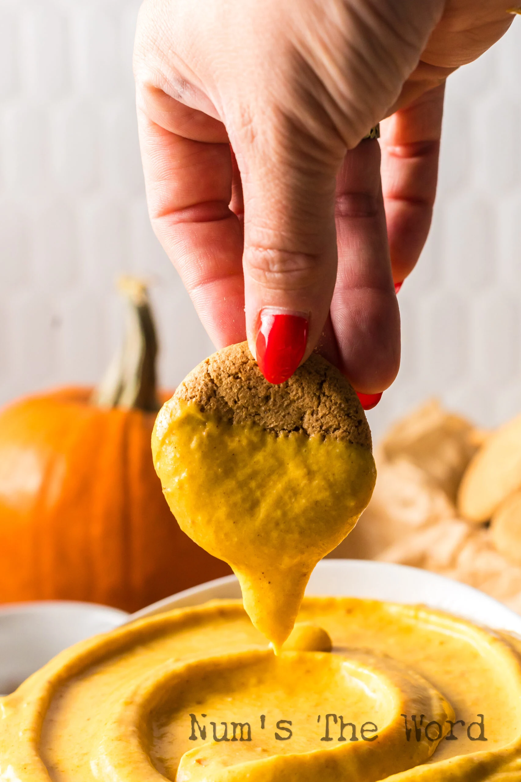 Hand dipping a cookie into the pumpkin dip.