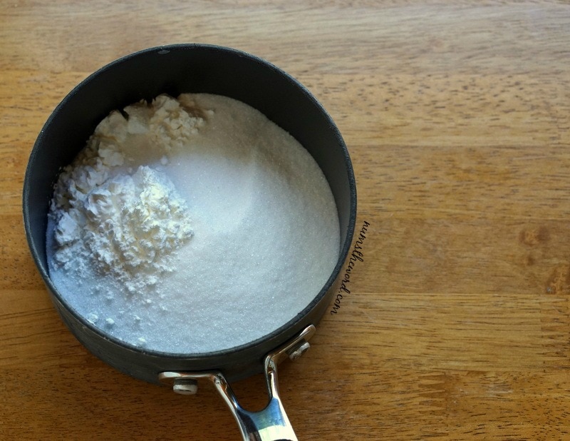 Apple Cobbler Cake - dry ingredients in a small sauce pan