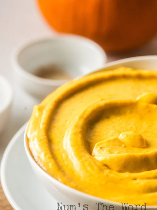 zoomed in image of pumpkin dip in bowl ready to serve.