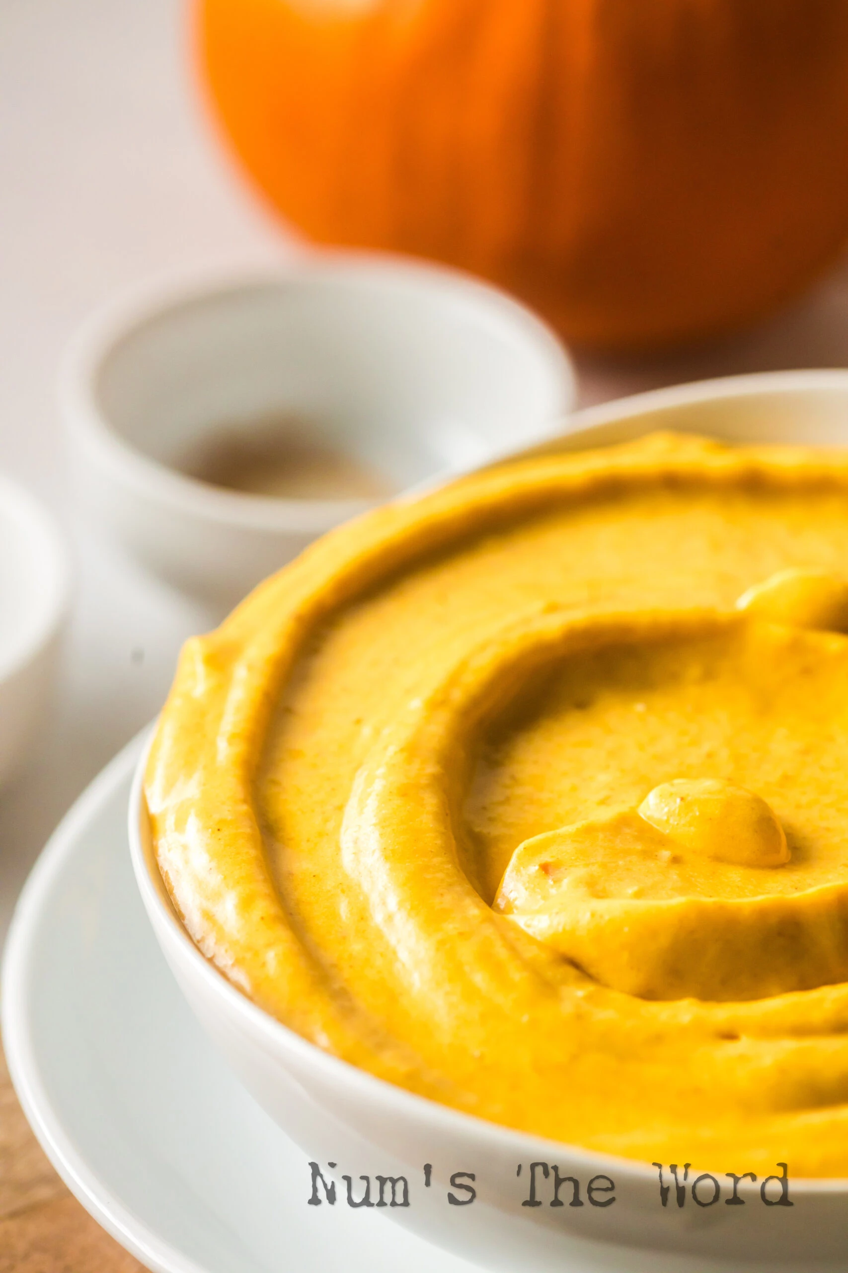 zoomed in image of pumpkin dip in bowl ready to serve.
