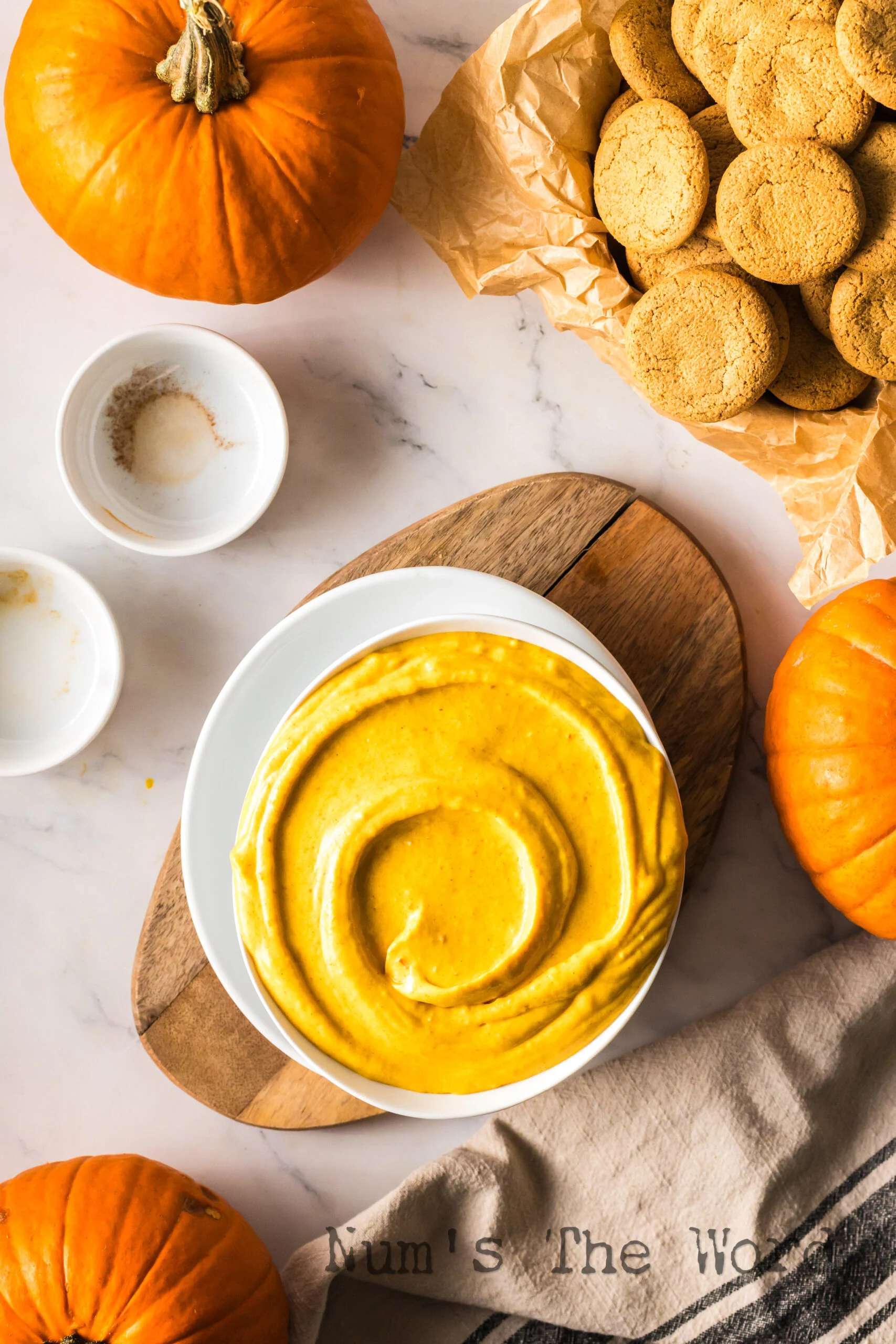 zoomed out image of pumpkin dip in serving bowl.