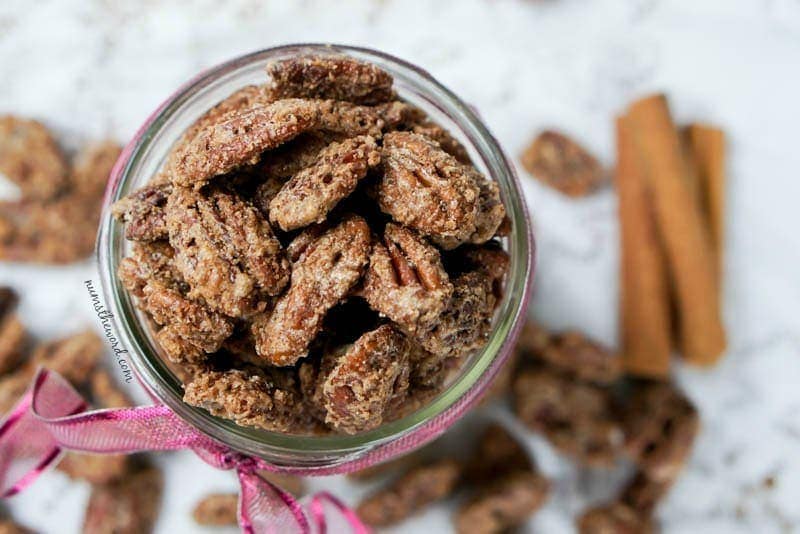 Cinnamon Pecans - Top angle view of pecans in a glass jar