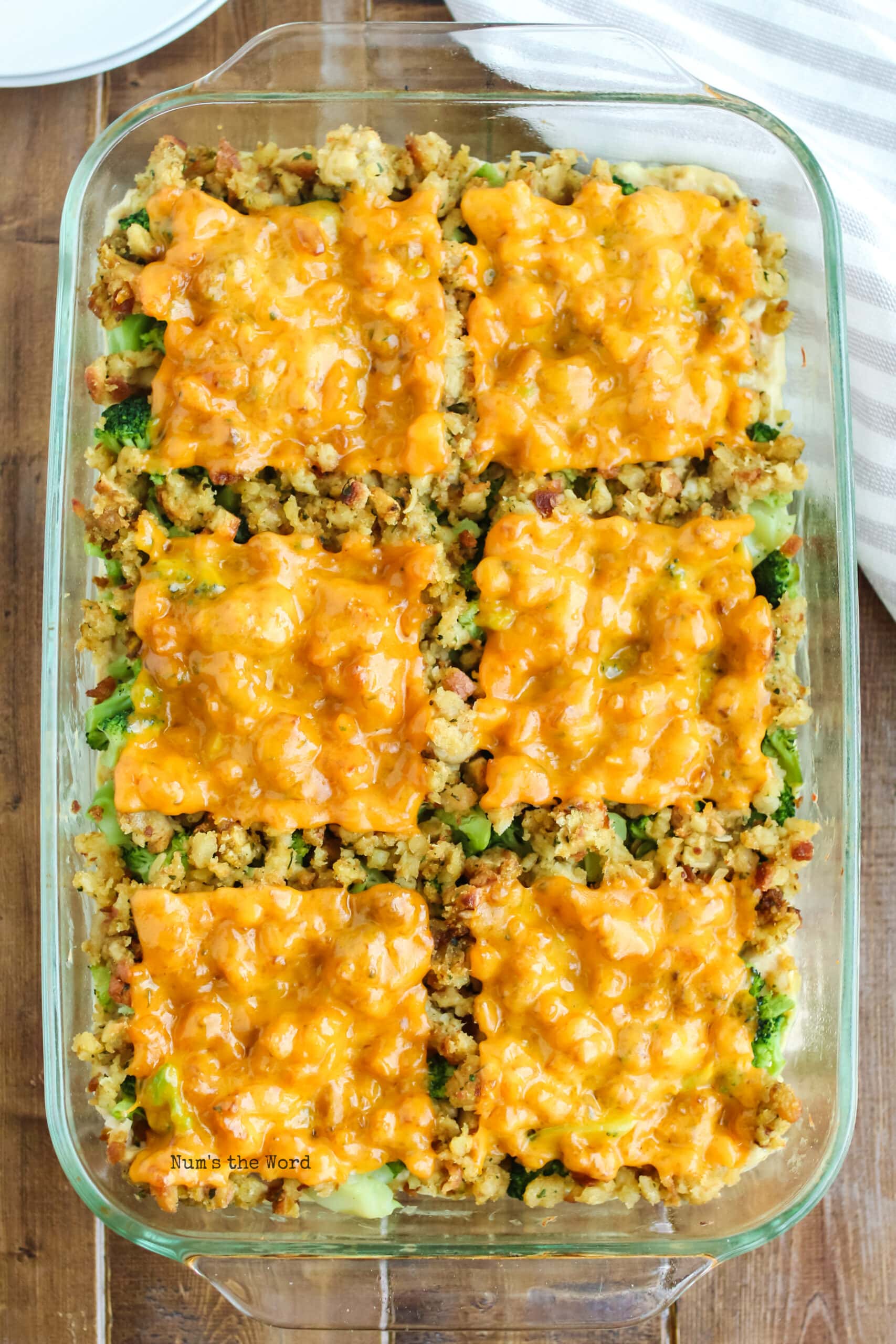 Turkey Casserole - baked casserole in pan, ready to be eaten.