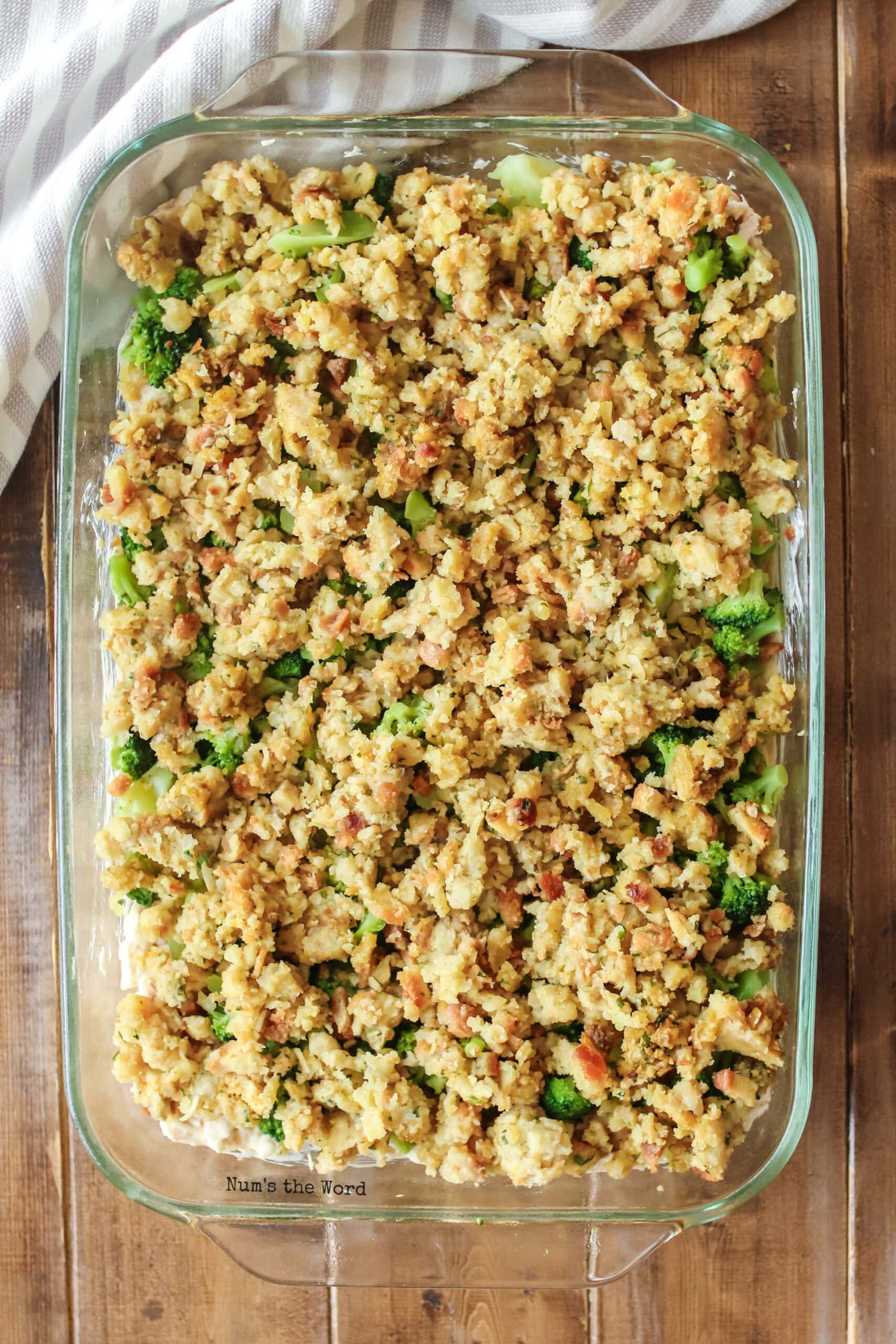 Turkey Casserole - stuffing placed on top of broccoli in casserole dish.