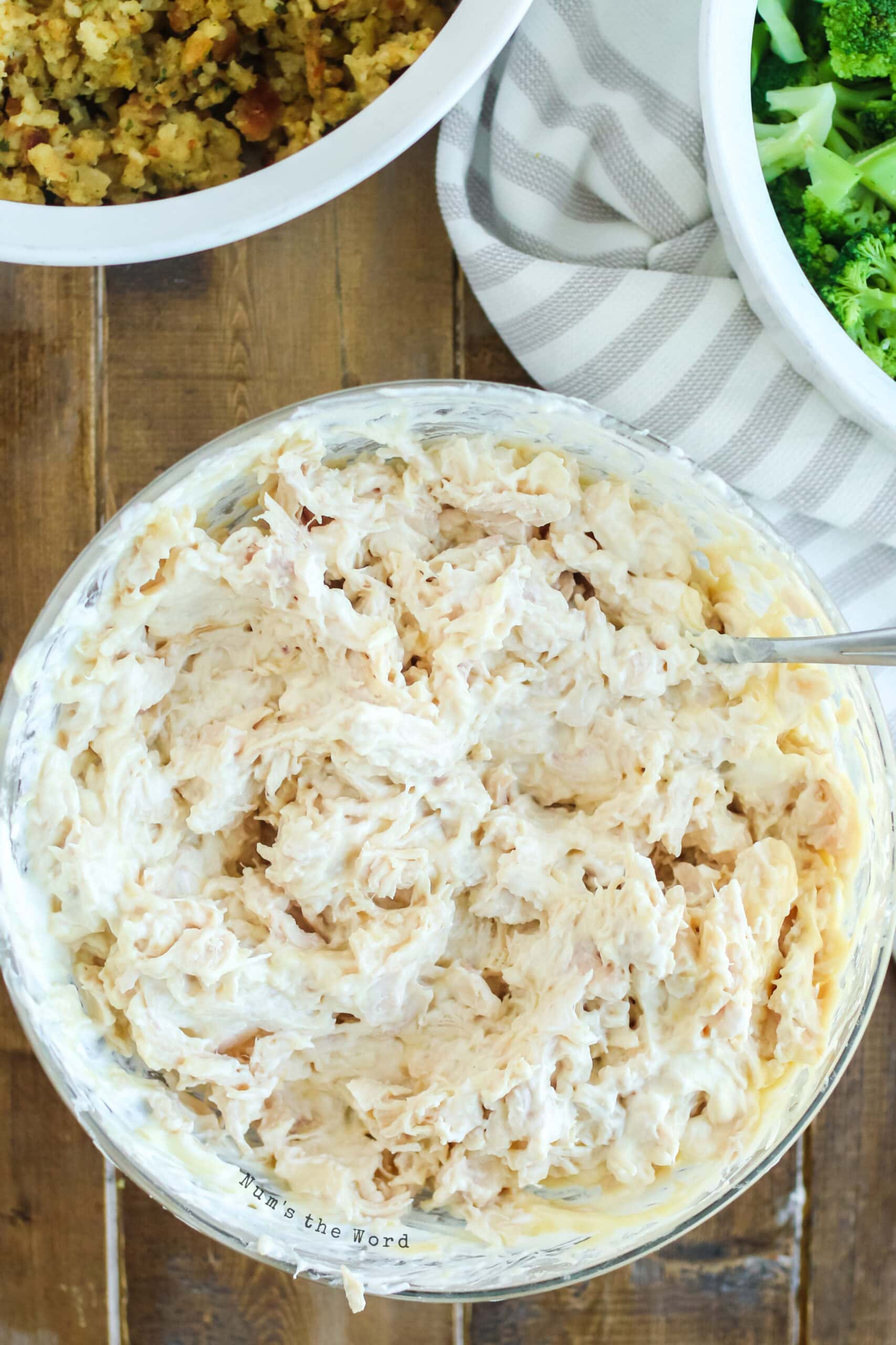 Turkey Casserole - turkey mixture in a bowl mixed up.