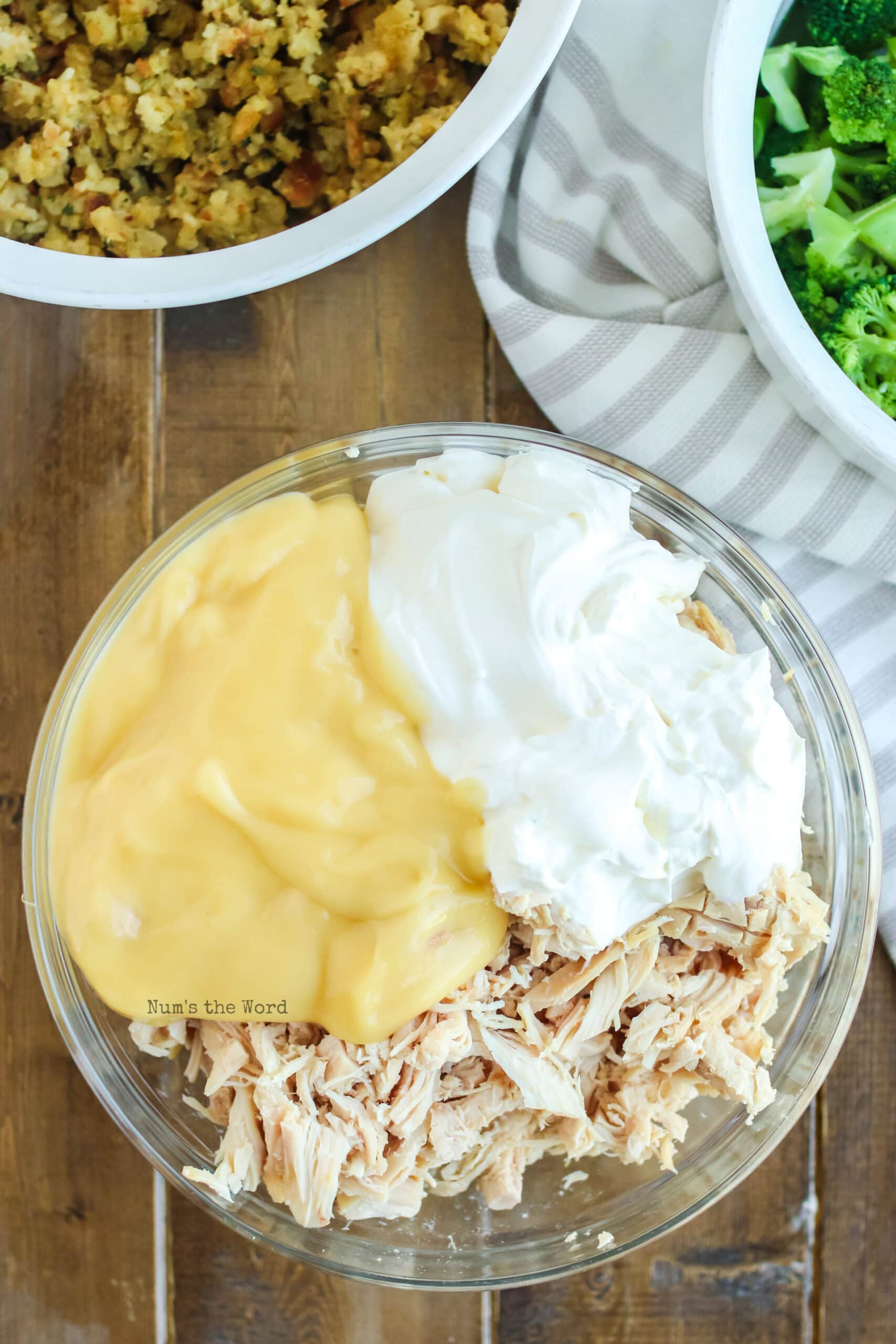 Turkey Casserole - turkey, chicken soup and sour cream in a bowl.