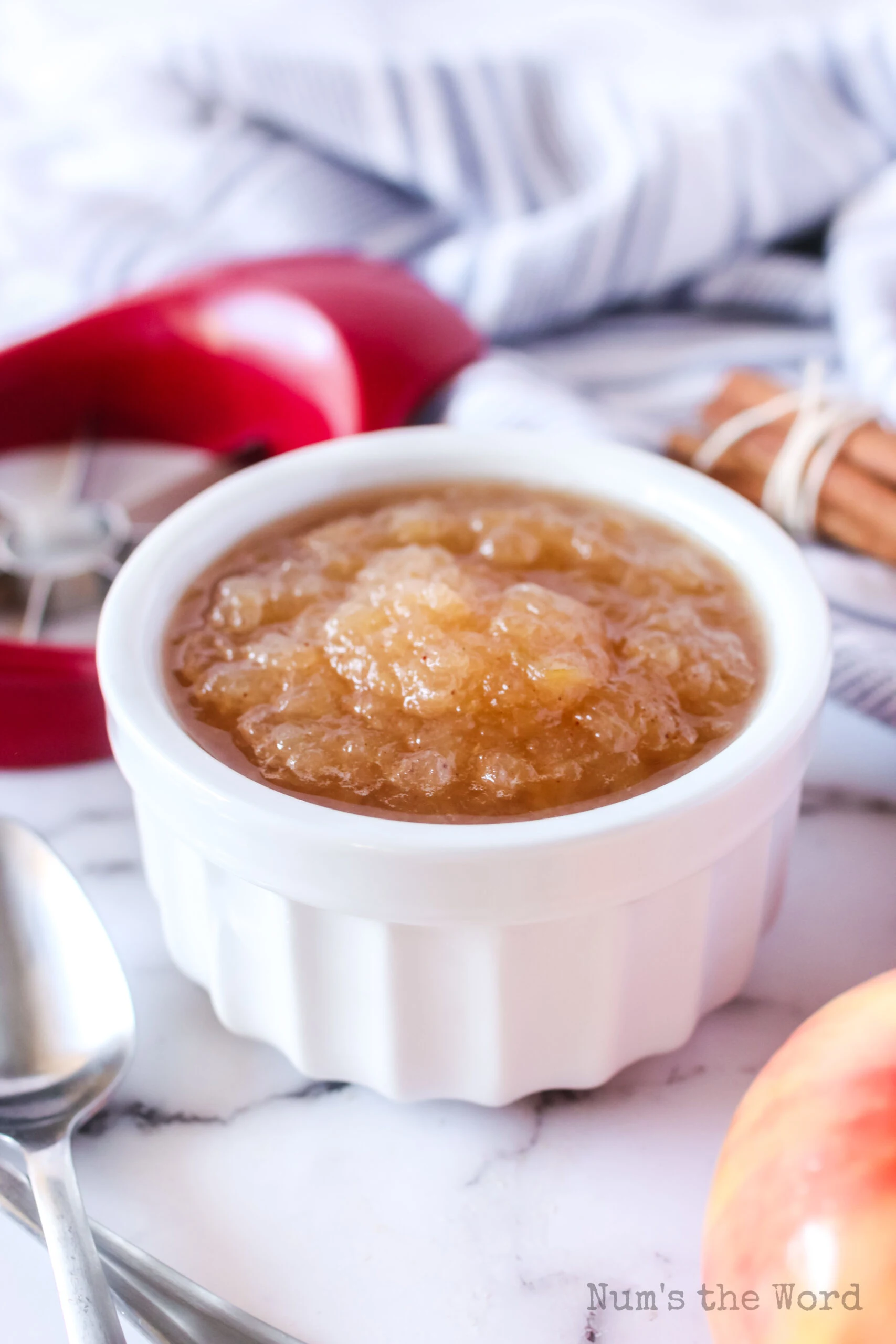 side view of applesauce in a bowl ready to enjoy