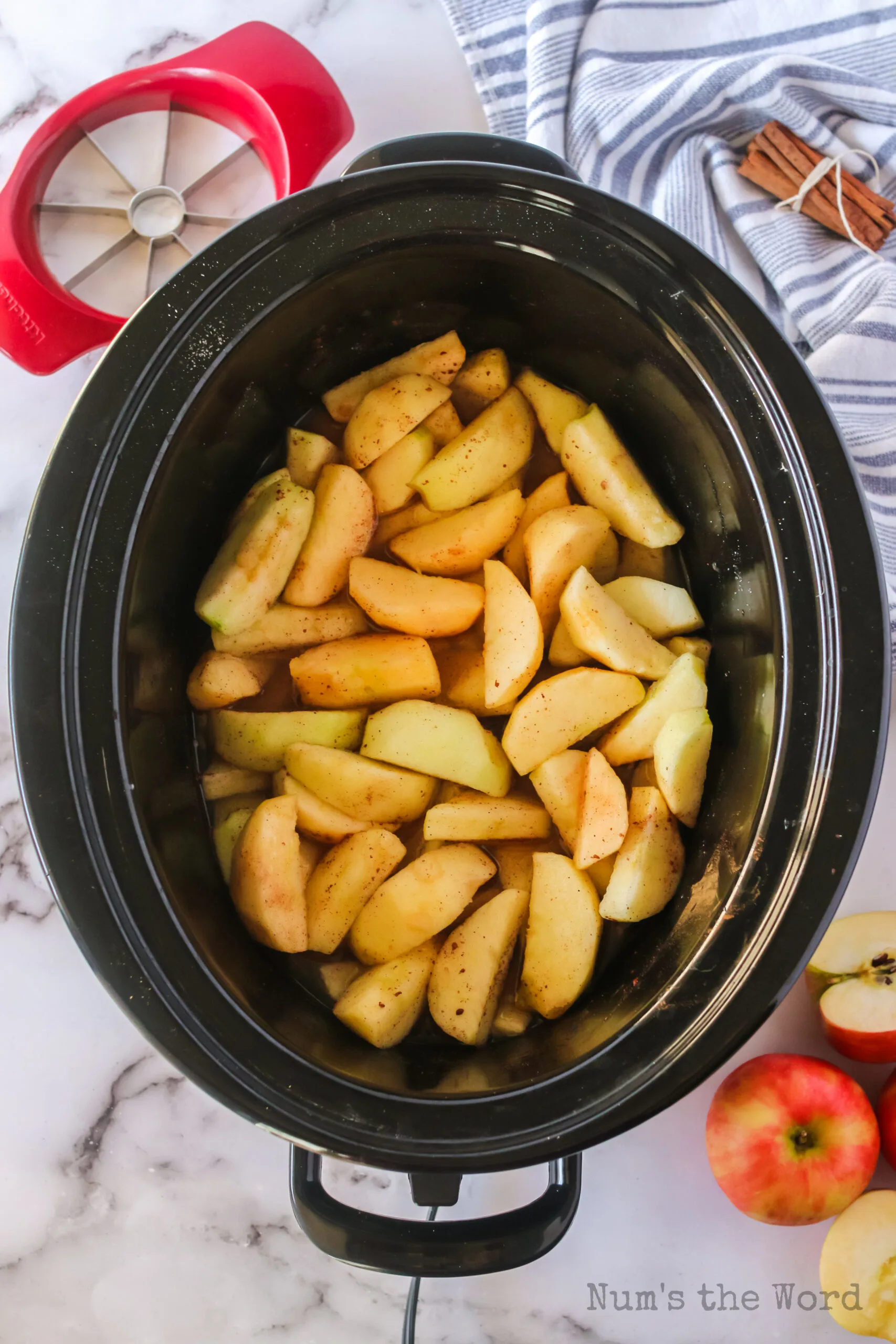 apples, sugar, cinnamon, lemon juice and apple juice placed into the crockpot