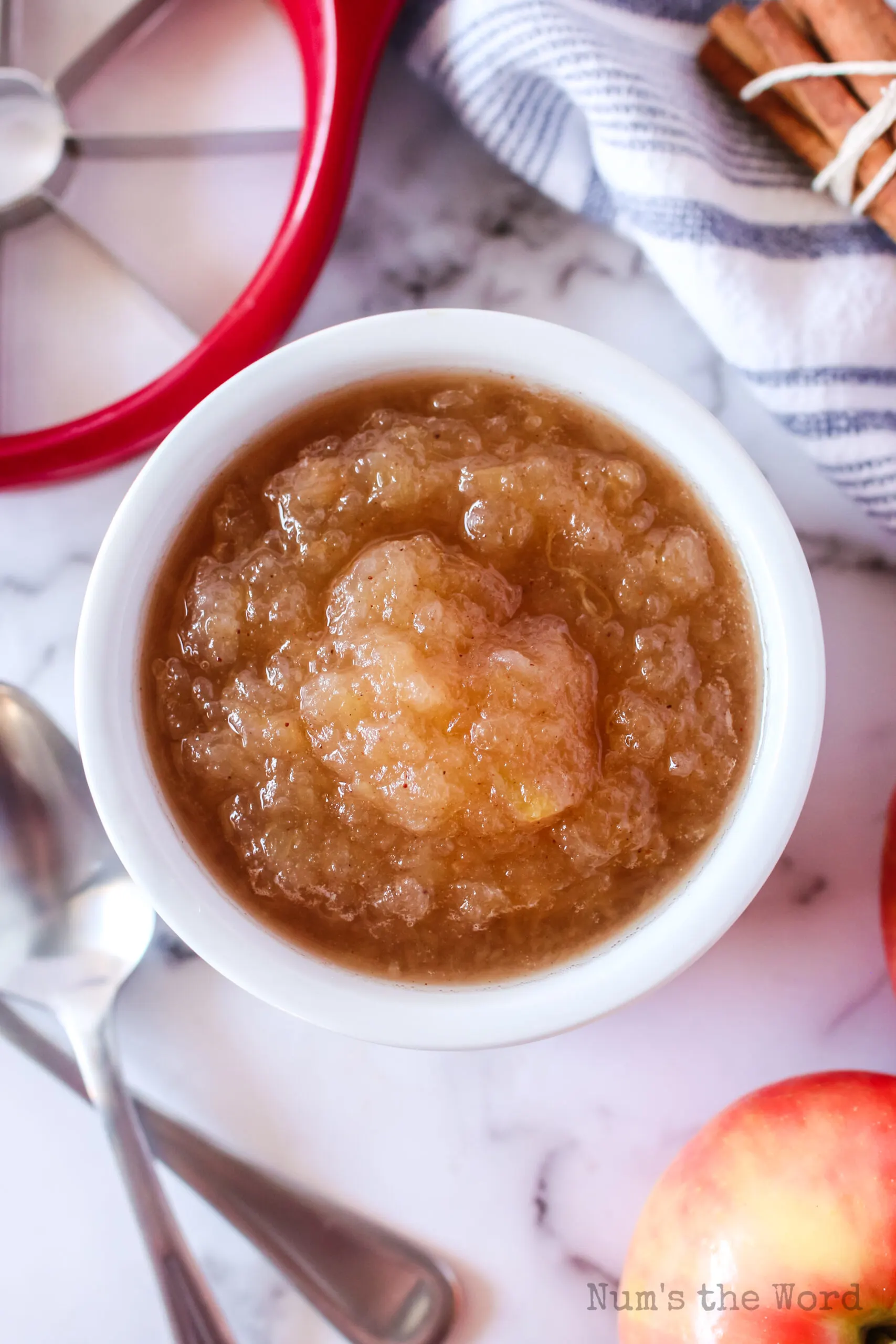 zoomed out bowl of applesauce ready to enjoy