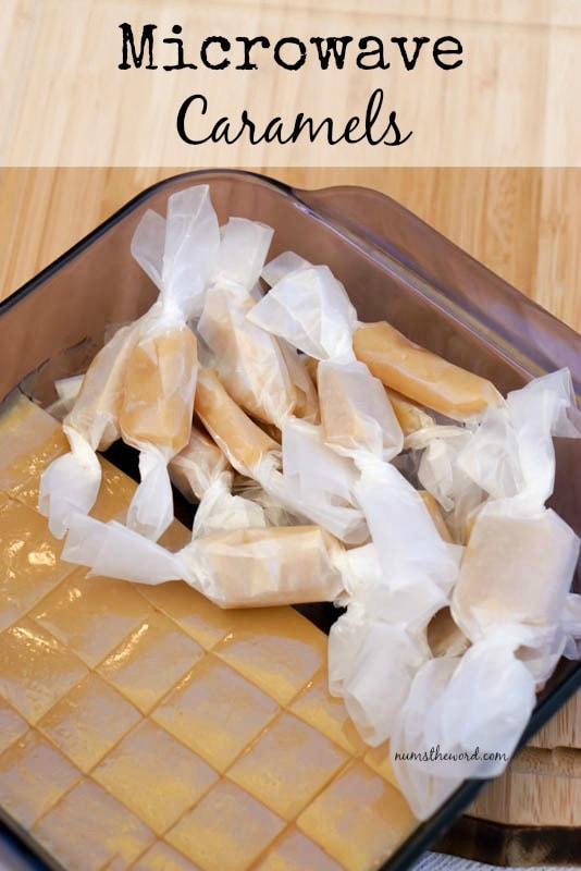 Microwave Caramels - main image for recipe of half of caramels in pan cut with other half wrapped in wax paper.