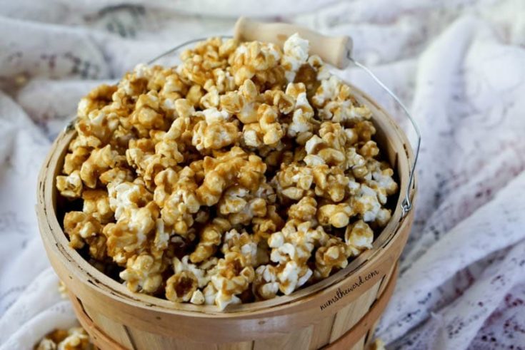 Coconut Caramel Corn - Caramel corn in basket looking down and at an angle