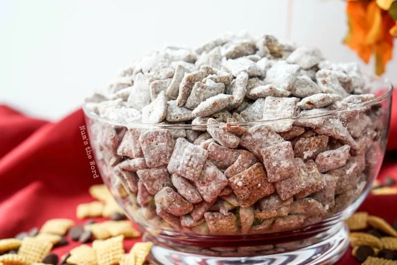 Puppy Chow Chex Mix - zoomed out side angle of bowl of puppy chow