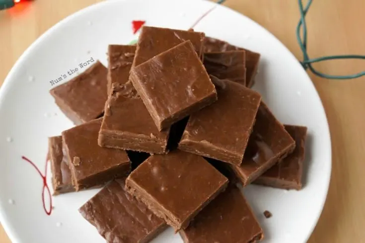 Chocolate Fudge - fudge cut into squares and on a platter to serve