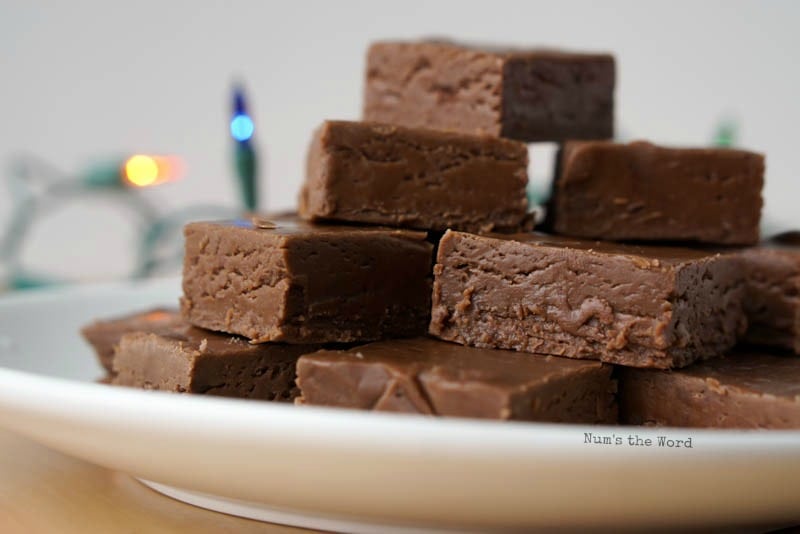 See's Fudge, A Copycat Recipe - Side view of plate full of fudge