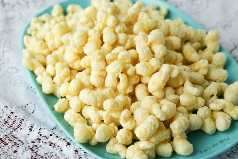 White Chocolate Puffcorn - puffcorn on platter ready to be served
