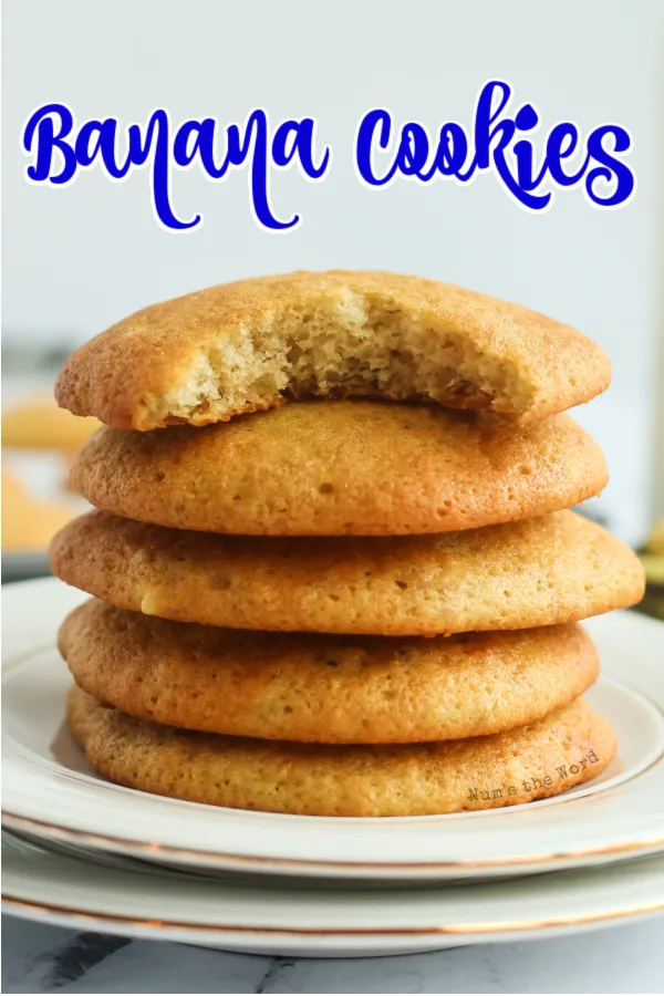 Main image of banana cookies for recipe. 5 Cookies stacked on top of each other on a plate. Top cookie missing a bite.