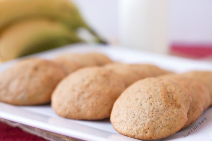 Soft & Chewy Banana Bread Cookies - side angle of cookies on platter