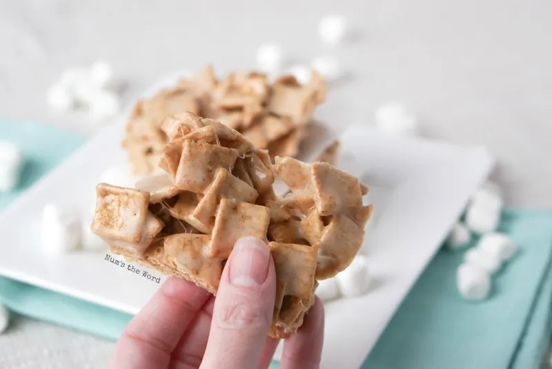 Churro Marshmallow Treats - holding a single churro treat up to the camera