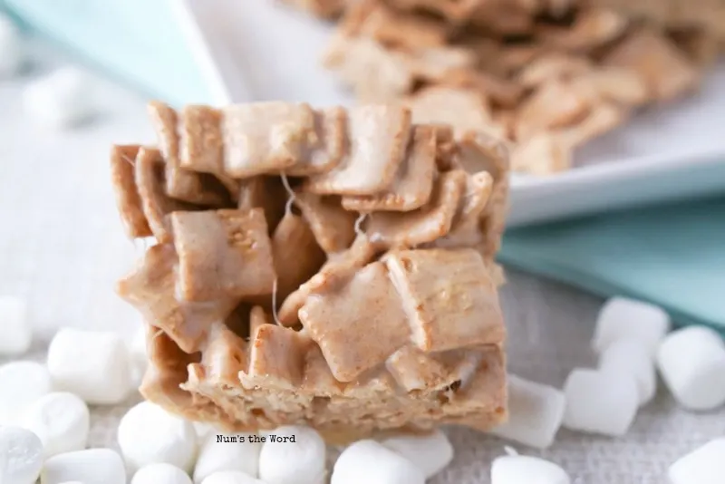 Churro Marshmallow Treats - zoomed in image of churro treat against a plate of them.