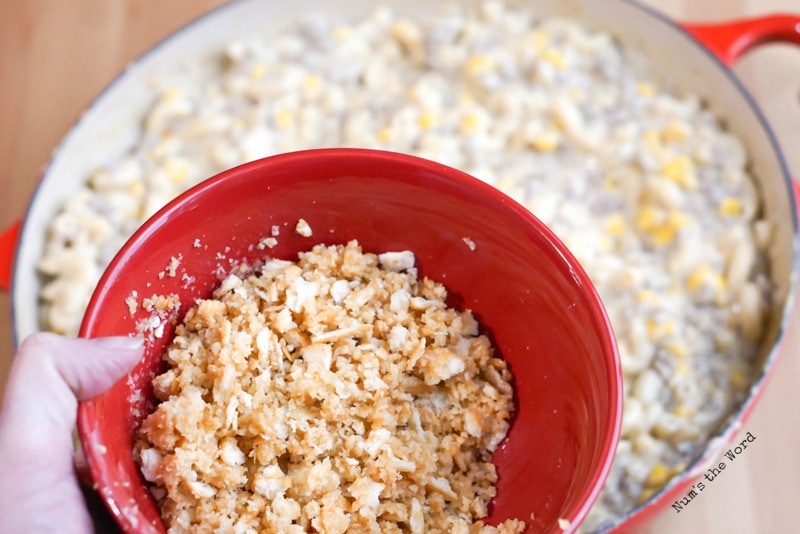 Ritz crackers and butter prepared to go on top of casserole