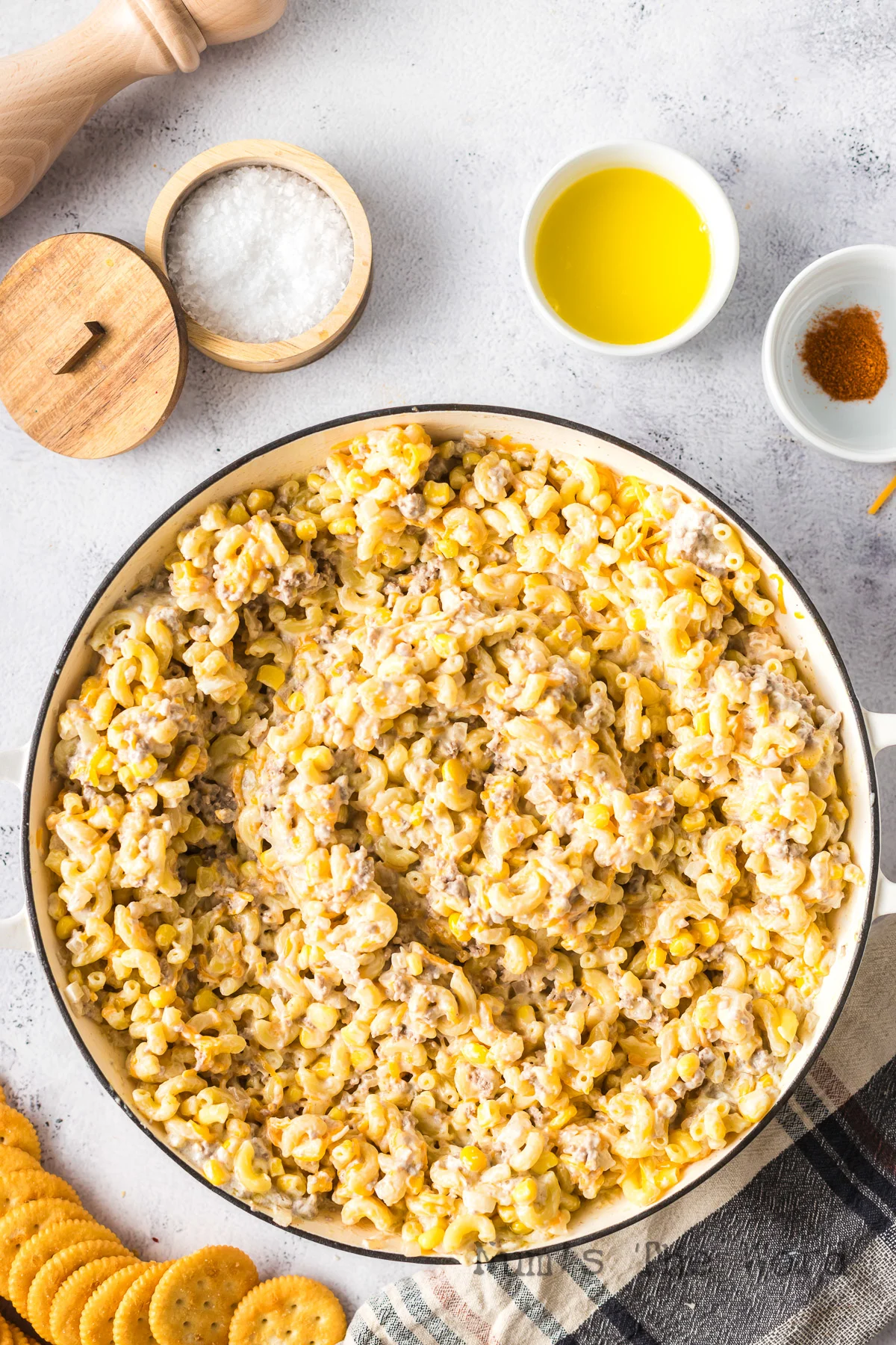 Creamy Casserole in a skillet ready for cracker topping