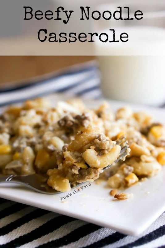 Beefy Noodle Casserole plated with fork