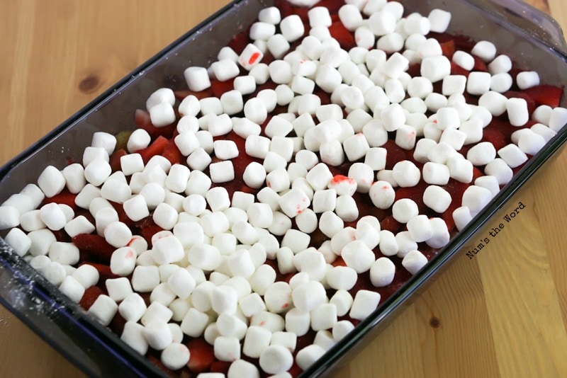 Rhubarb Mixture topped with jello & marshmallows