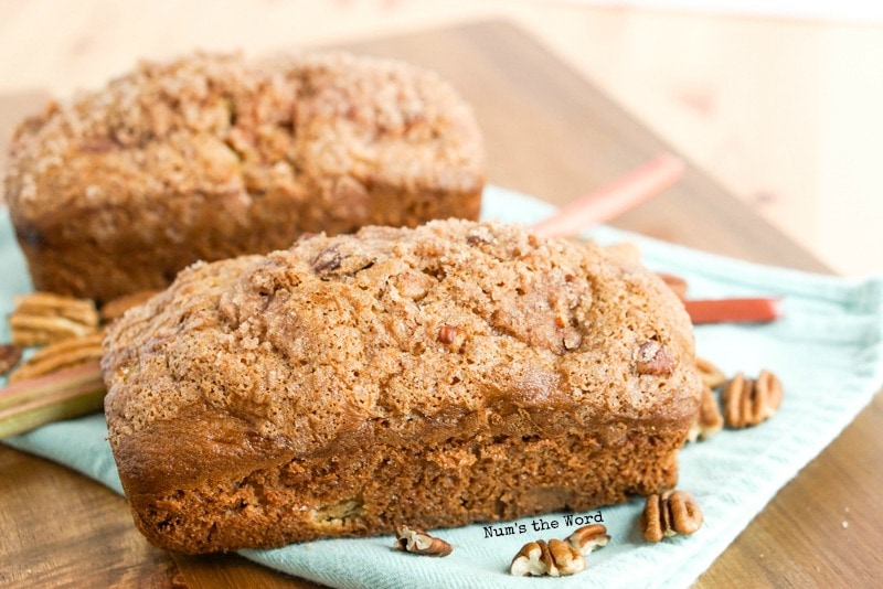 Cinnamon Streusel Rhubarb Bread - side view of 2 loaves