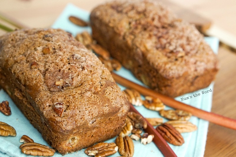 Cinnamon Streusel Rhubarb Bread 2 loaves angle shot