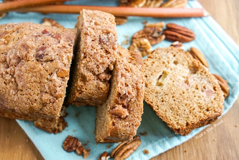 Cinnamon Streusel Rhubarb Bread sliced