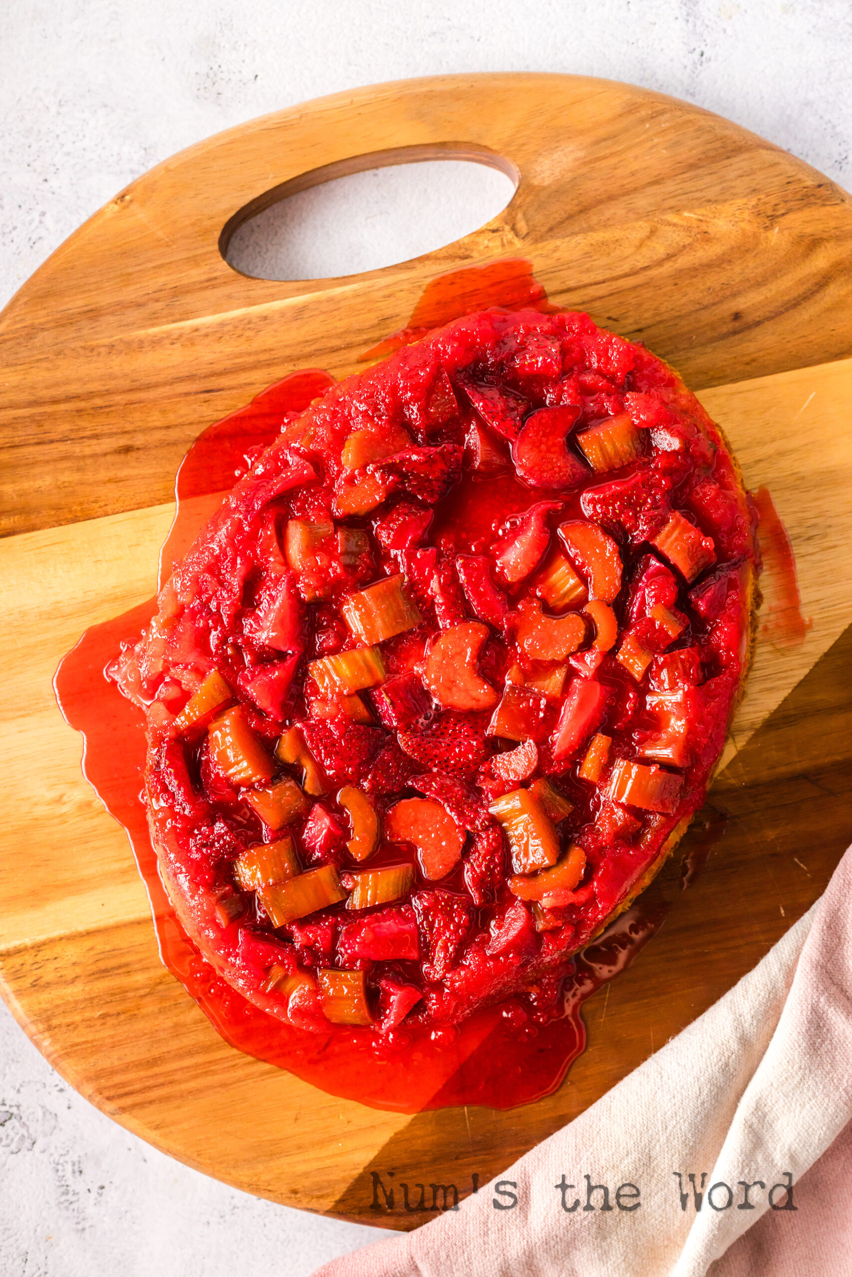 Cake flipped over and onto a serving platter or dish.